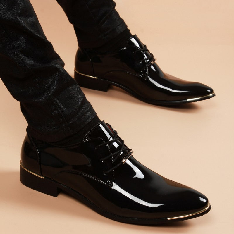 Men's Green Korean Style Bright Surface Pointed Height Leather Shoes