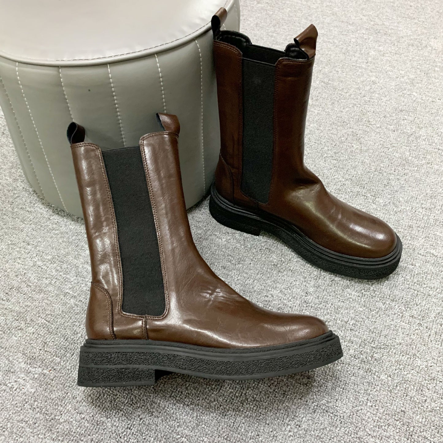 Hair Grape Mom Retro Round Head Chunky Thick Bottom Chelsea Women's Leather Boots