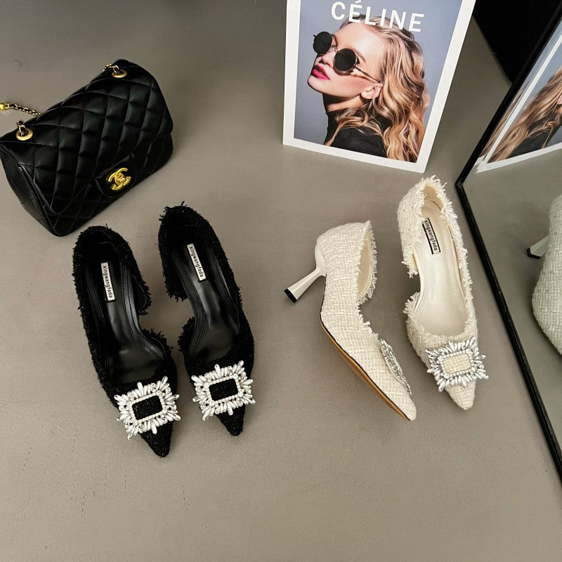 Women's Rhinestone Pointed Toe Square Buckle Chunky Low Casual Shoes