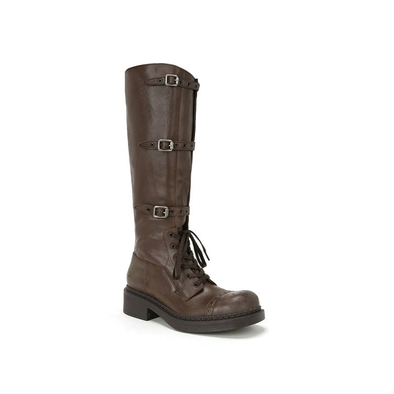 Women's High Tube Below The Knee Knight Retro Distressed Women's Leather Boots