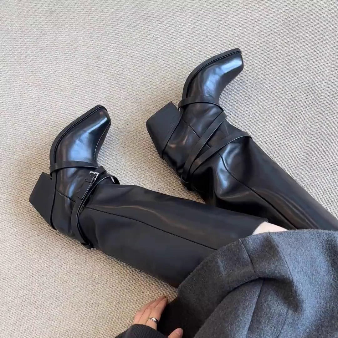 Women's Sheepskin Korean Style Black Thigh Highs Motorcycle Belt Buckle Women's Leather Boots