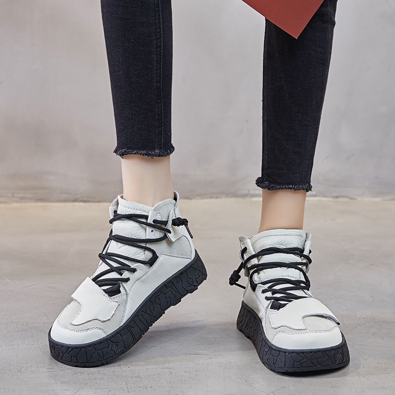 Women's Korean Style Cowhide Dad White Platform Sneakers