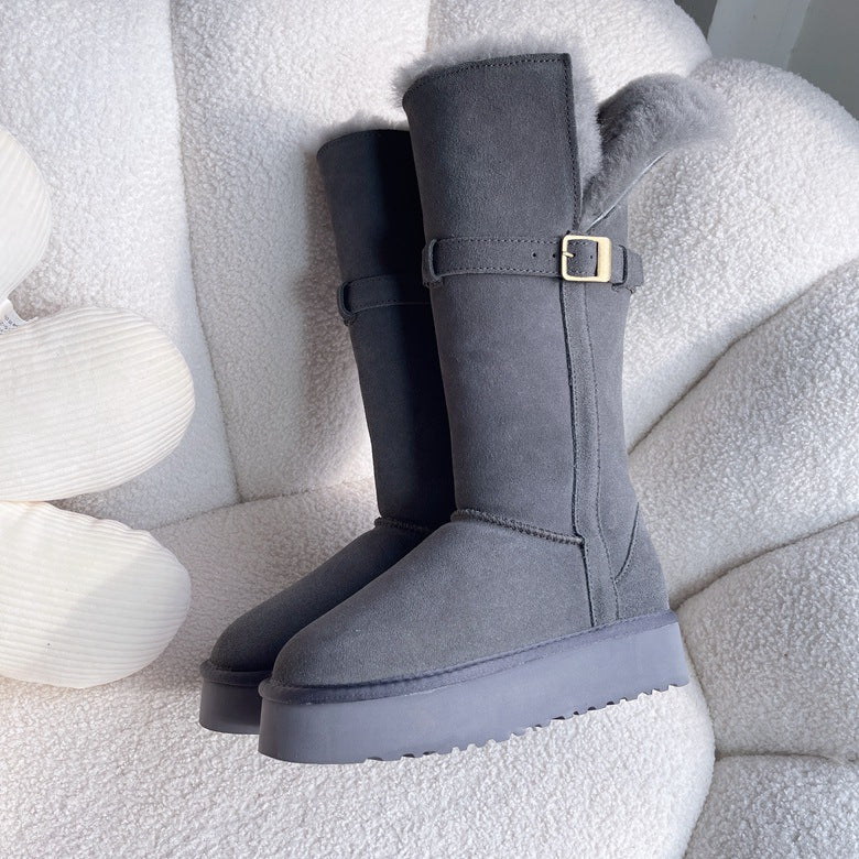 Women's Two-way Real Fur Cowhide Wool Winter Boots