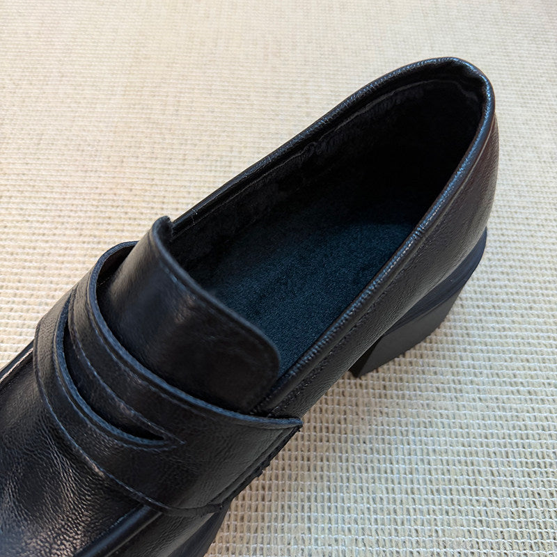 Women's Retro Chunky Slip-on Round Toe Pumps Genuine Loafers