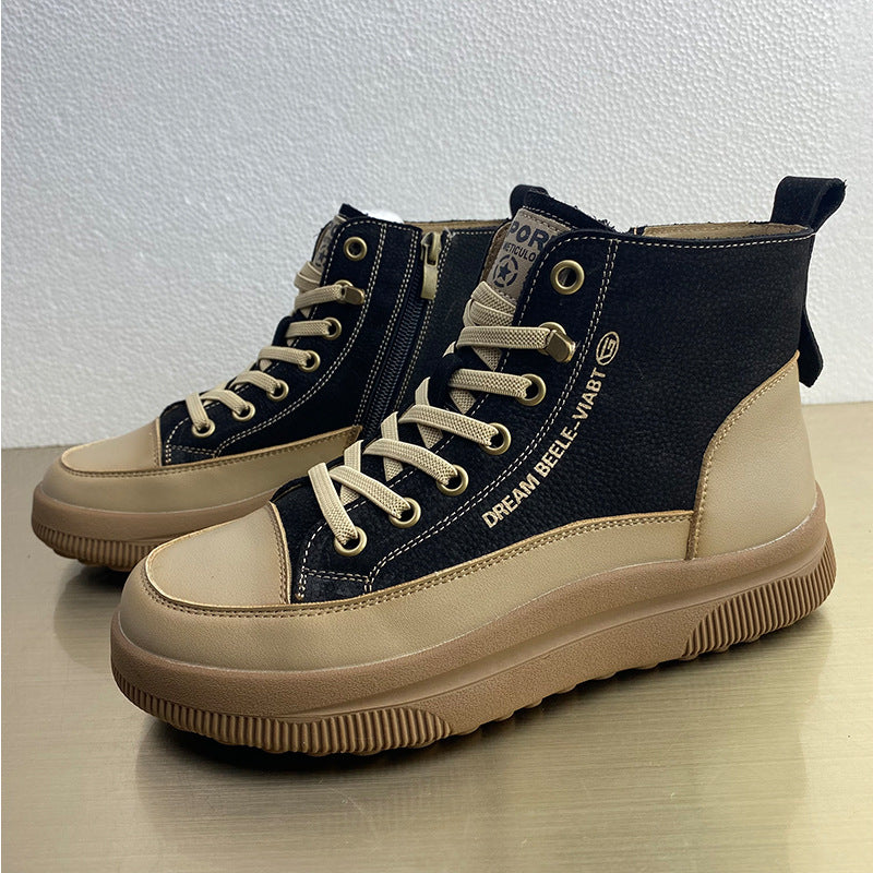 Women's Layer Cowhide Retro High Top White Comfortable Soft Soled Sneakers