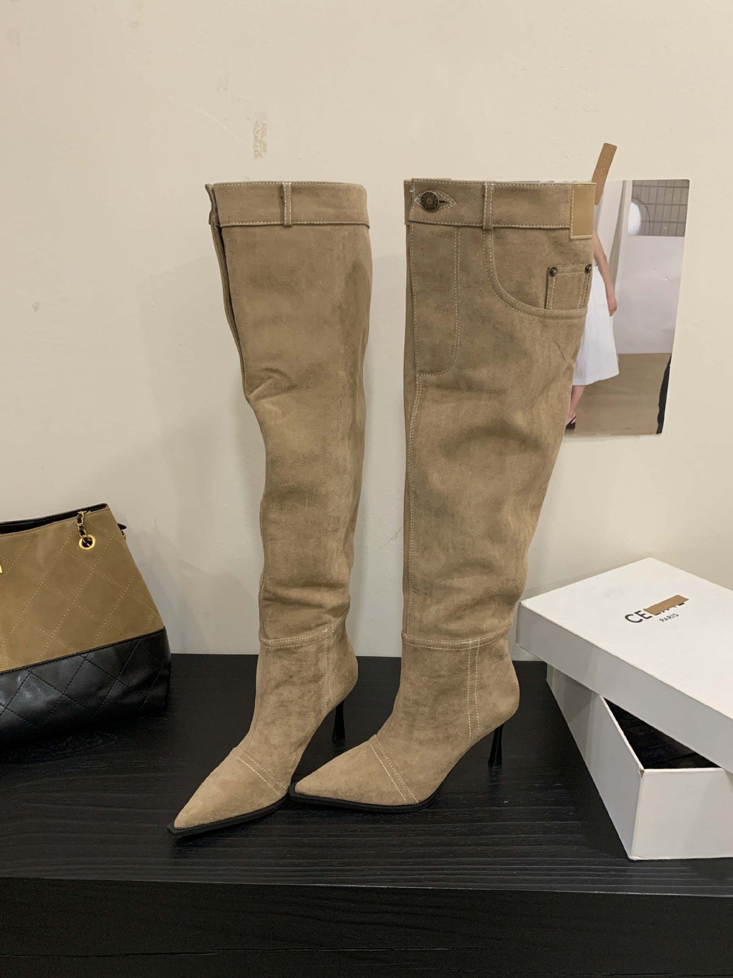Denim Pile Style Stiletto Button Sleeve Women's Leather Boots