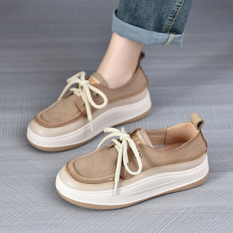 Women's First Layer Cowhide Vintage Skateboard Genuine Thick Bottom Soft Casual Shoes