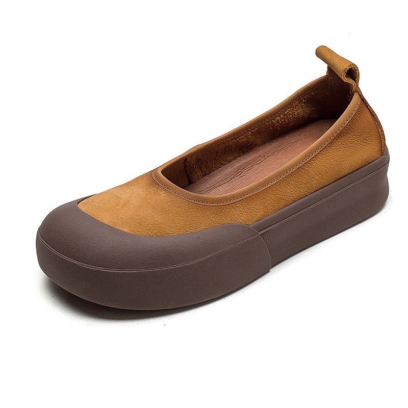 Women's Mouth First Layer Cowhide Round Toe Flat Bottom Slip-on Casual Shoes