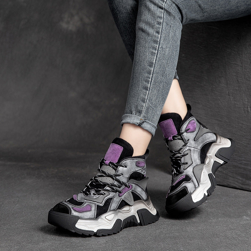 Women's Thick Bottom Contrast Retro Dad Fleece-lined Casual Shoes