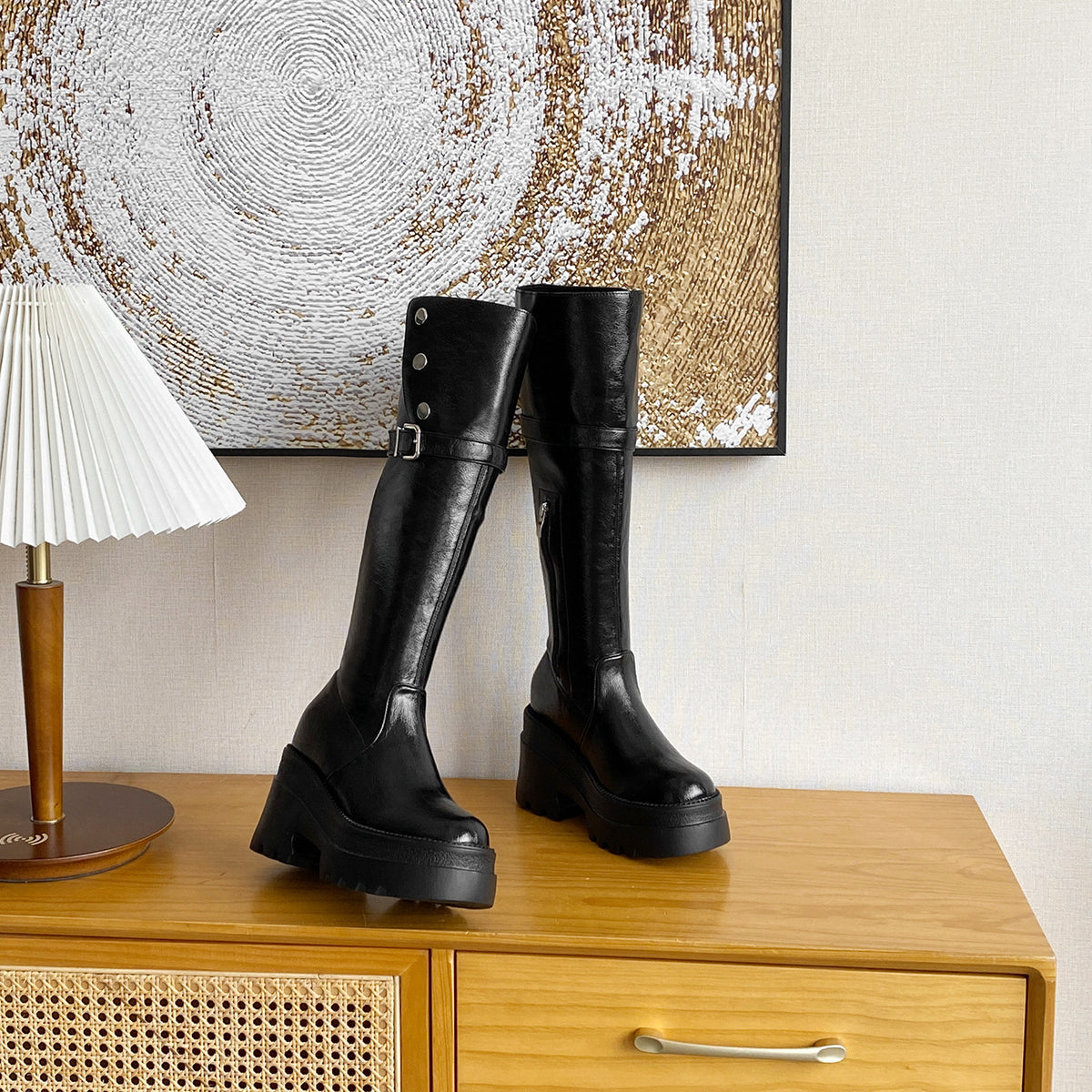 Height Increasing Insole Small Fleece-lined Vintage Thick Bottom Skinny Women's Leather Boots