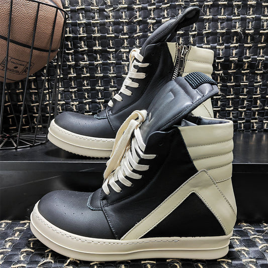 Men's Inverted Triangle Black White Cowhide Plus Size Fan Couple Leather Shoes