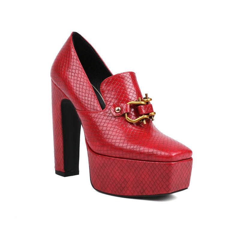 Women's Snake Pattern Square Toe Platform Thick Super Waterproof Metal Fastener Women's Fashion Shoes
