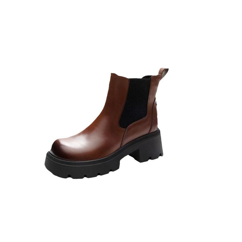 Women's Cowhide Chelsea Smoke Pipe Round Head Thick Boots