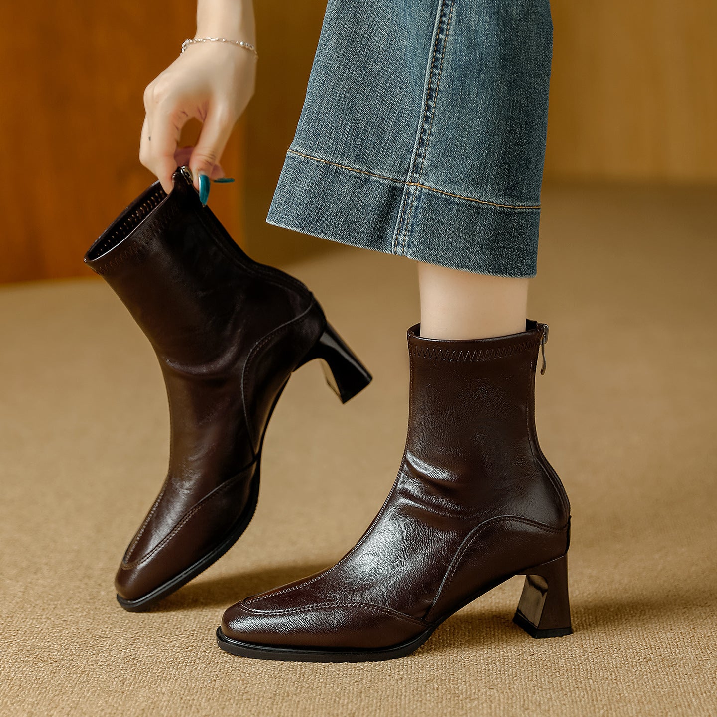 Women's Retro Square Toe High Short Autumn Zip Soft Fashionable Temperamental Women's Leather Boots