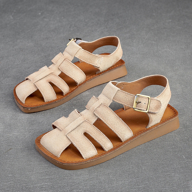 Women's Velcro Closed Toe Flat Top Layer Sandals