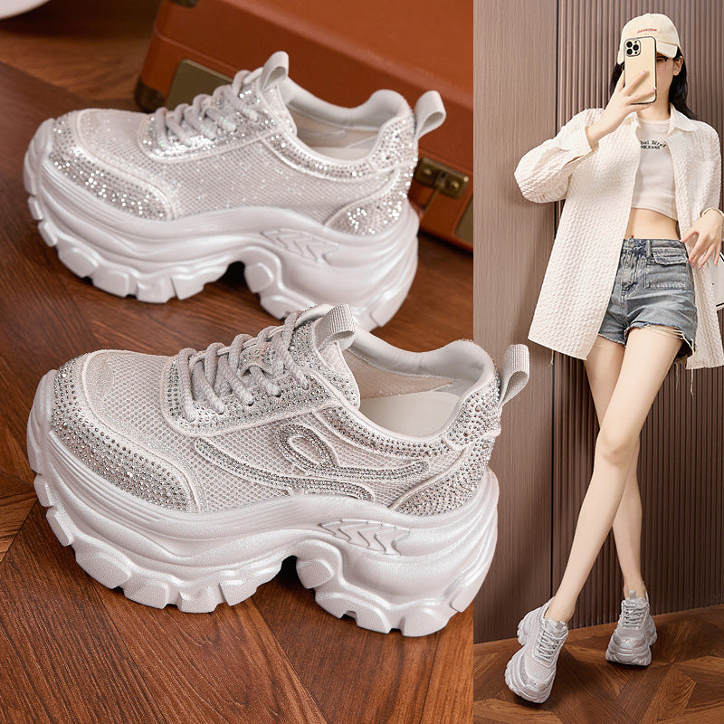 Women's Platform Dad Korean Rhinestone Height Increasing Sneakers