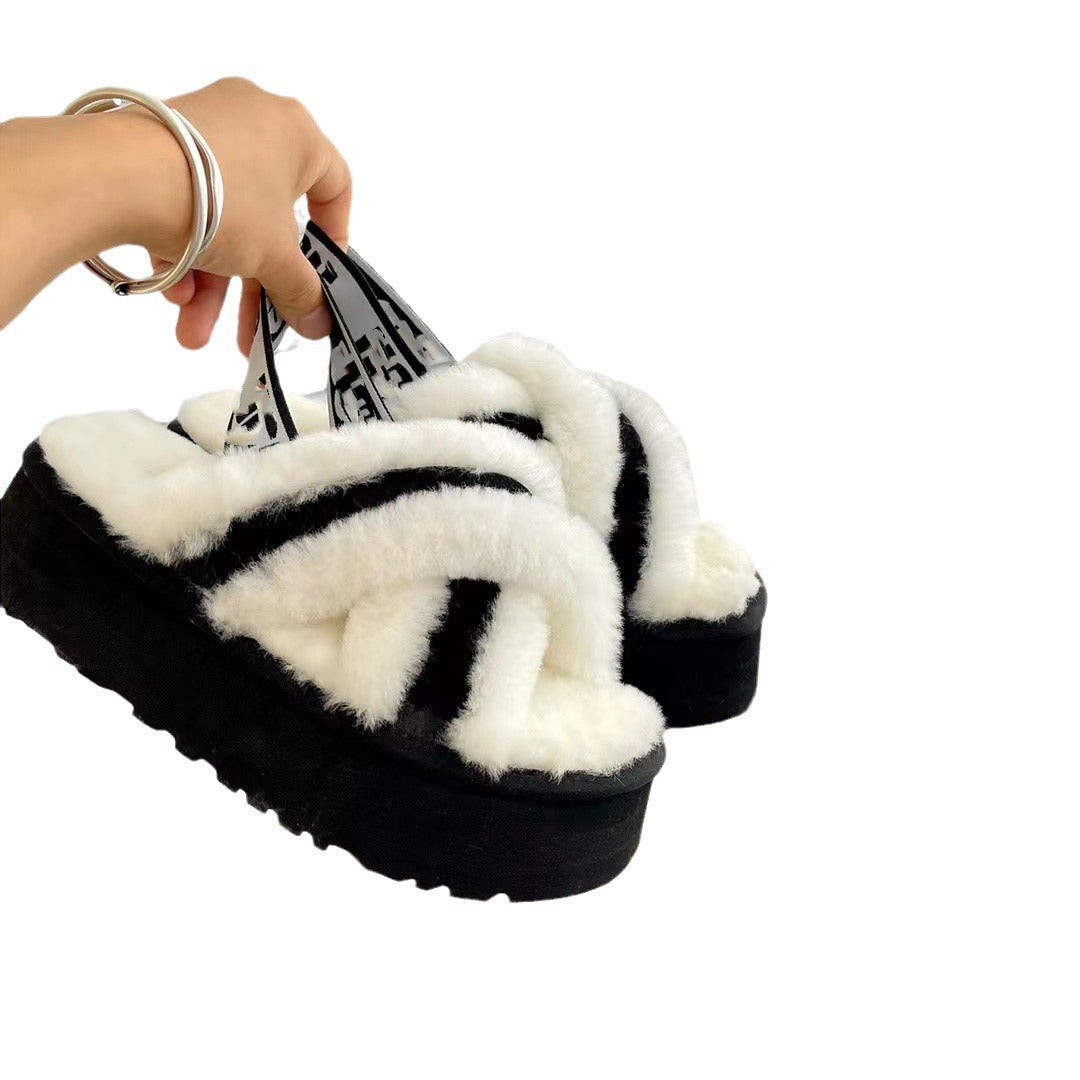Village Sheepskin Fur Integrated Cross Muffin Slippers
