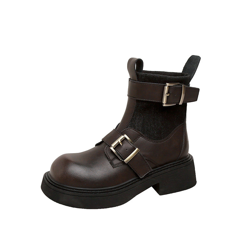 Women's British Style Retro Belt Buckle Chunky Boots