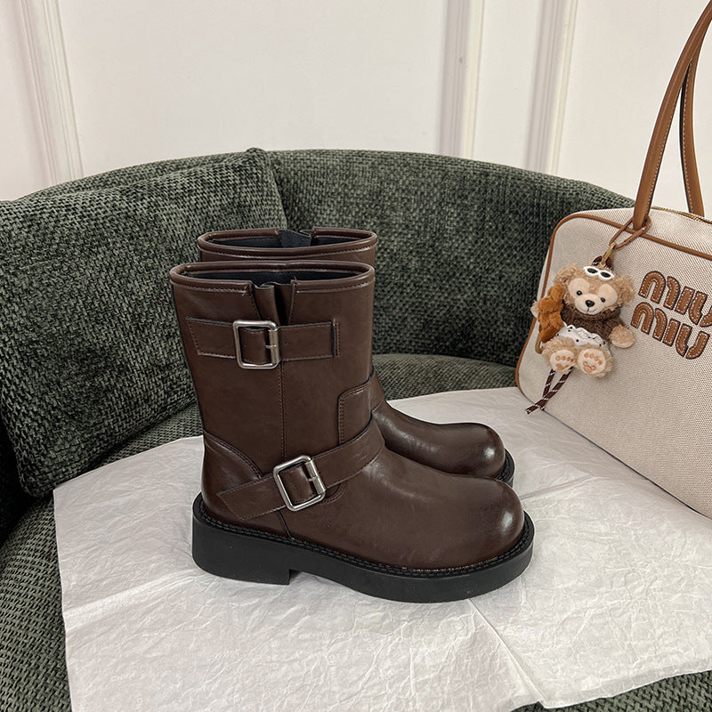 Women's British Style Ankle Vintage Brown Round Women's Leather Boots