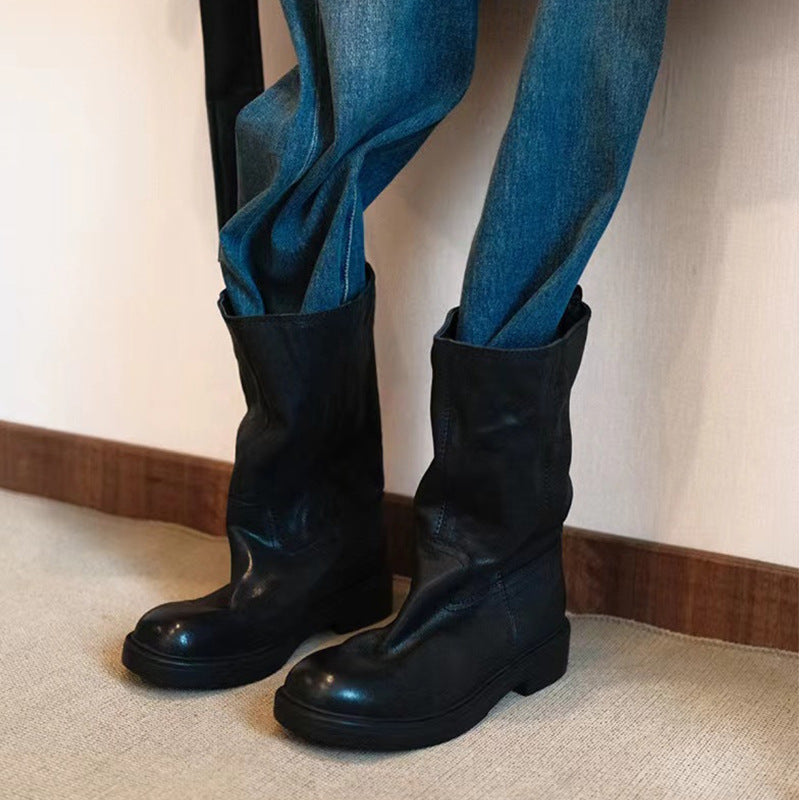Style Middle Round Toe Large Tube Circumference Fat Slimming Thick Women's Leather Boots