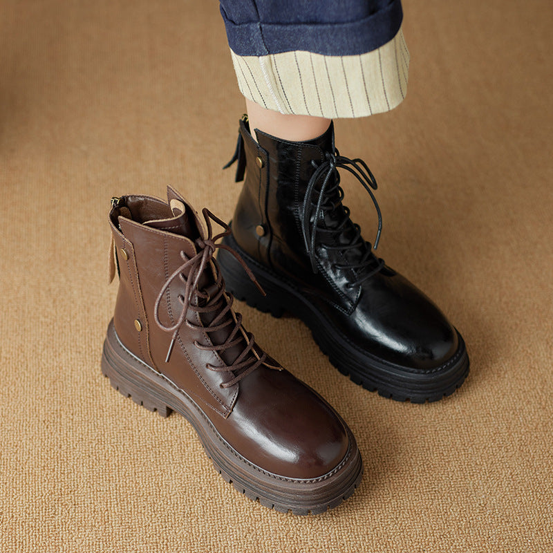 Women's Cowhide Martin Fleece-lined Platform Chunky Vintage Crumpled Motorcycle Boots