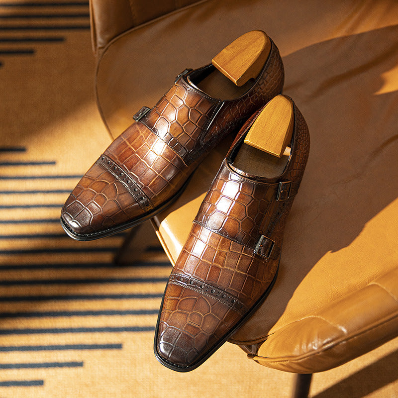 Men's Slip On Business Formal Wear Cowhide Square Casual Shoes