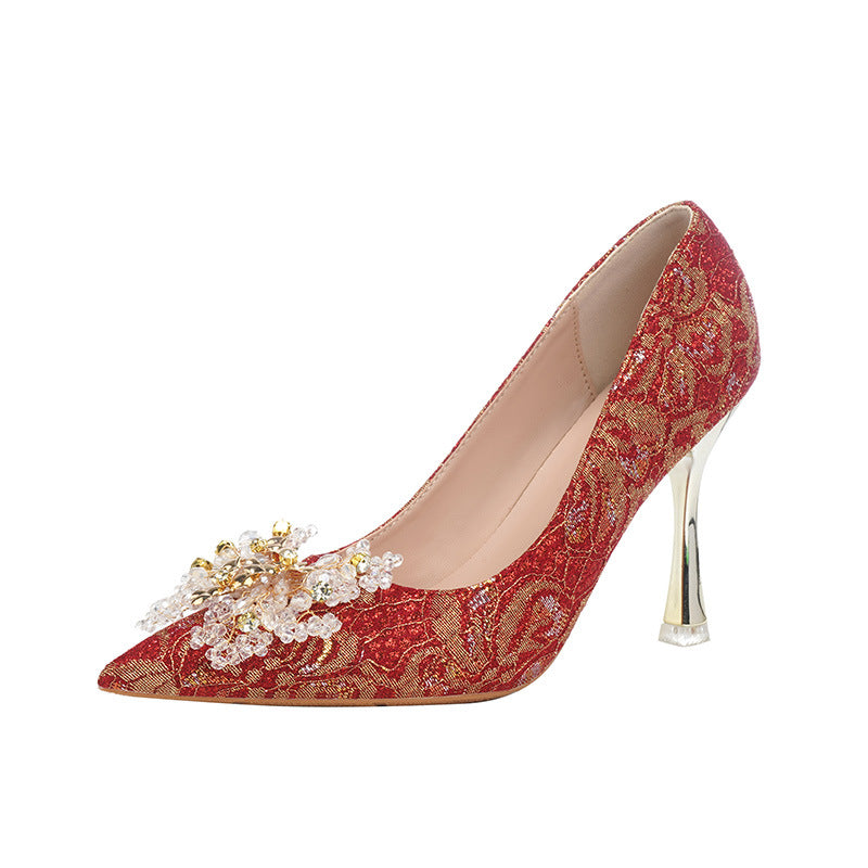 Women's Chinese Style Dress Red Wedding Stiletto High Bridal Plus Heels