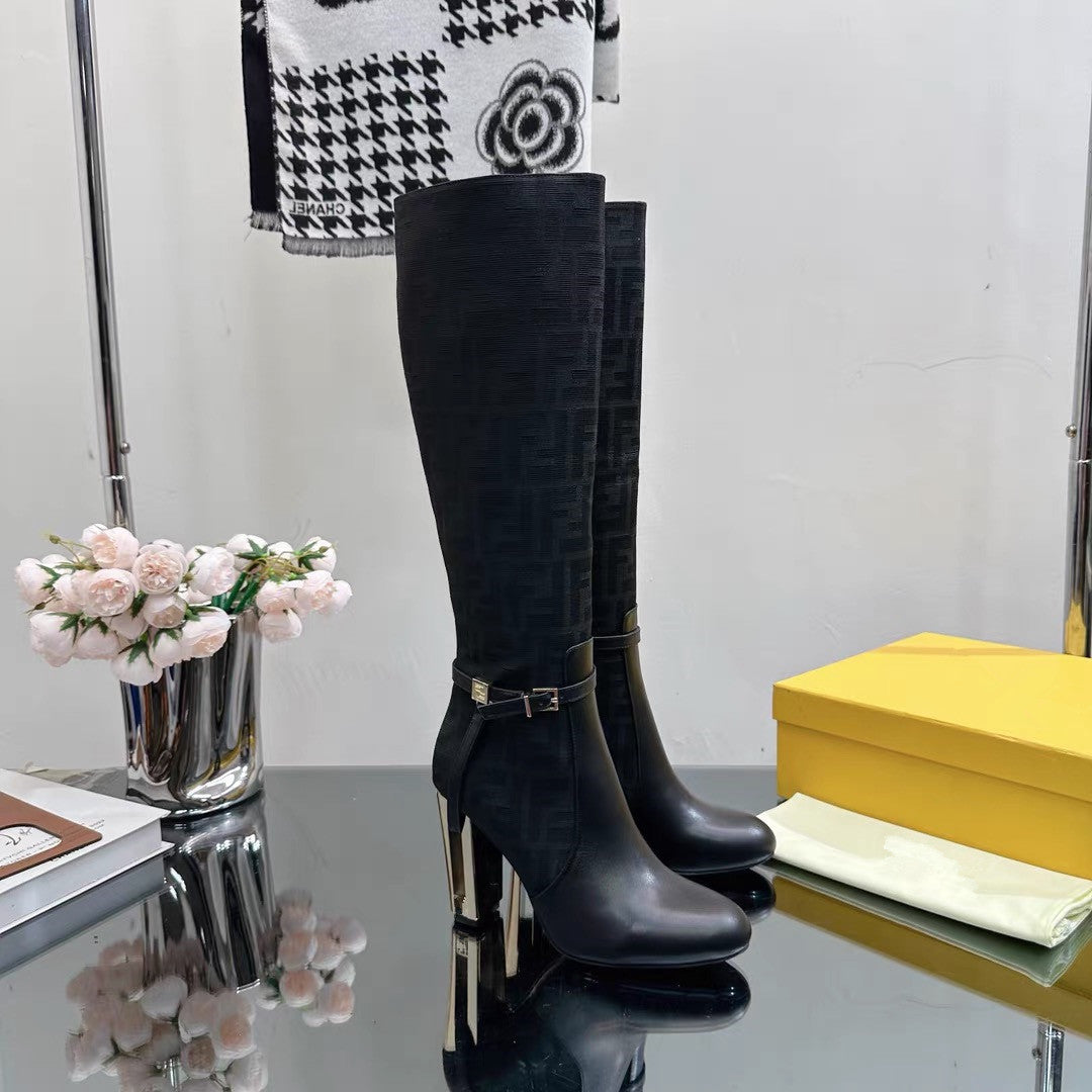 Women's Color Matching Belt Buckle Side Zipper High Women's Leather Boots