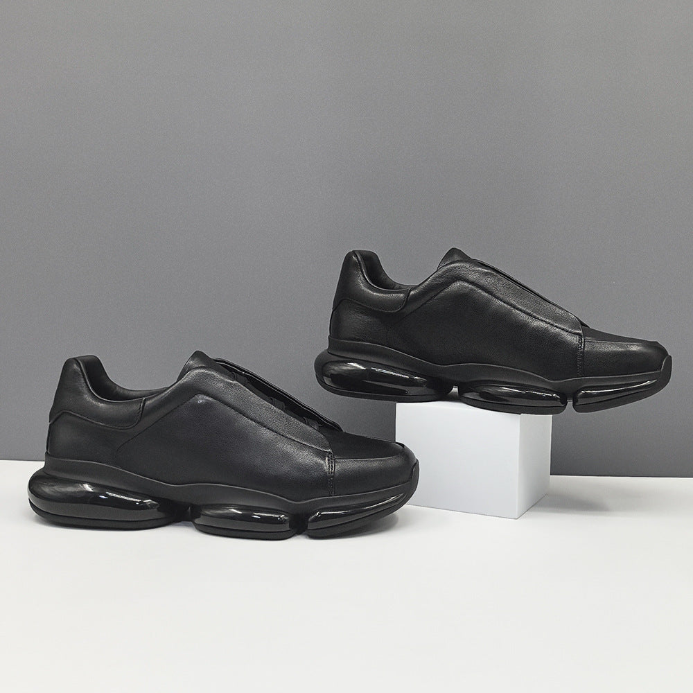 Men's Layer Cowhide Black Platform Fashion Slip-on Casual Shoes
