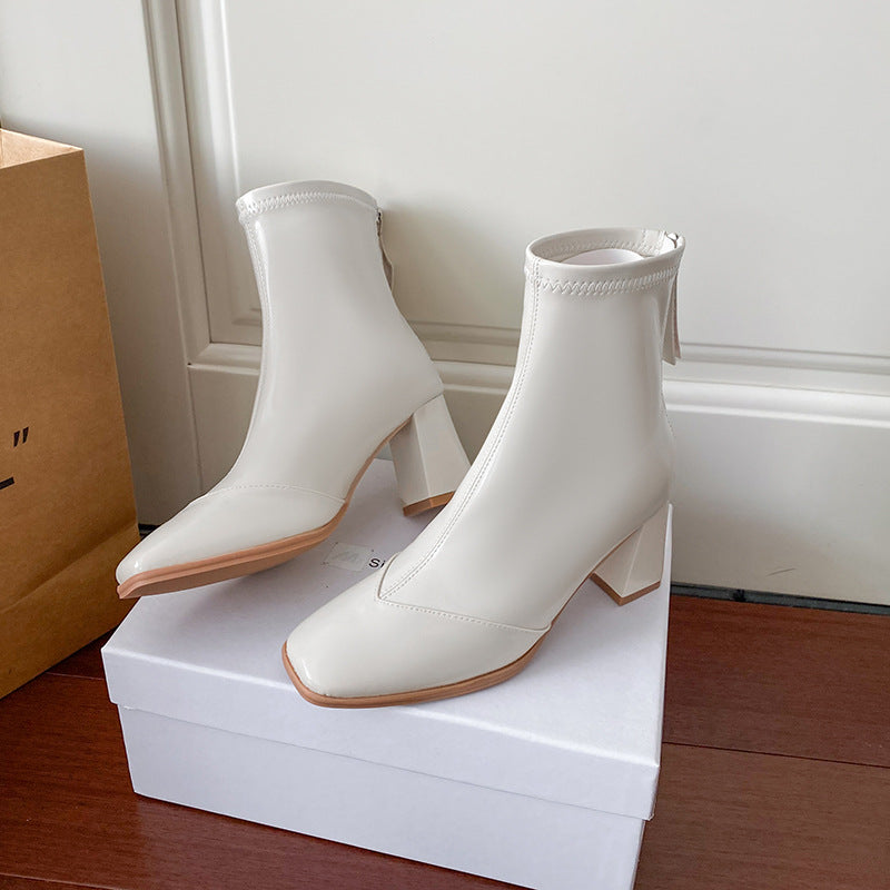 Toe Chunky Back Zipper Temperament Skinny Autumn Versatile Boots