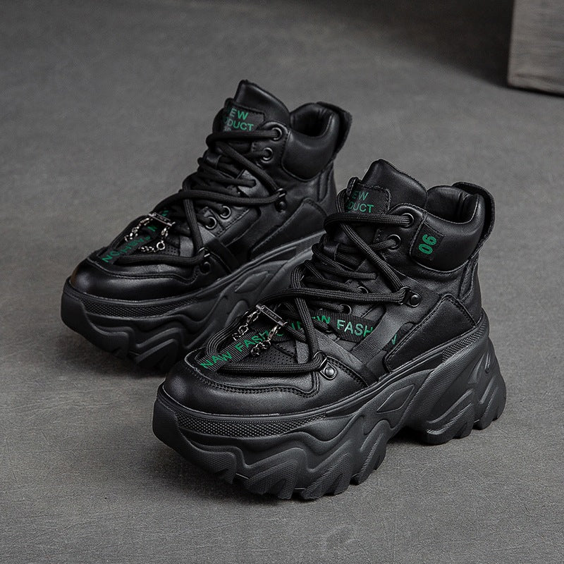 Women's First Layer Cowhide Retro Platform Elevator Boots