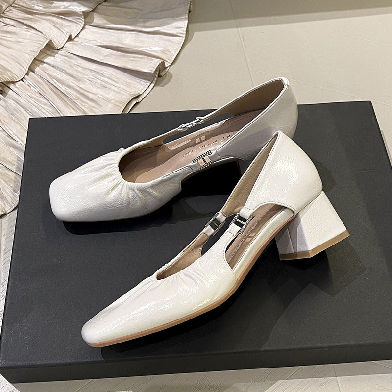Entry Lux Elegant Pleated Chunky Mary Jane Female Square Toe Women's Fashion Shoes