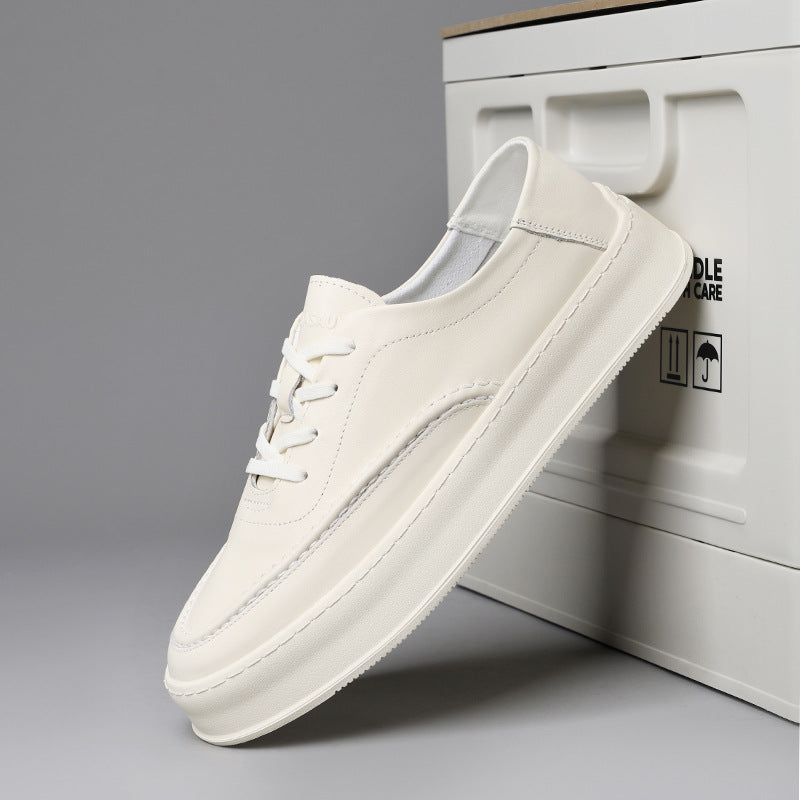 Men's White Genuine Summer Platform Breathable Trendy Cowhide Sneakers