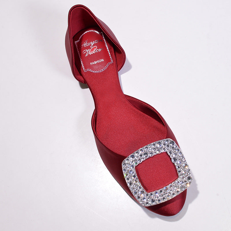 Women's Buckle Flats Hollow Rhinestone Pumps Satin Women's Shoes
