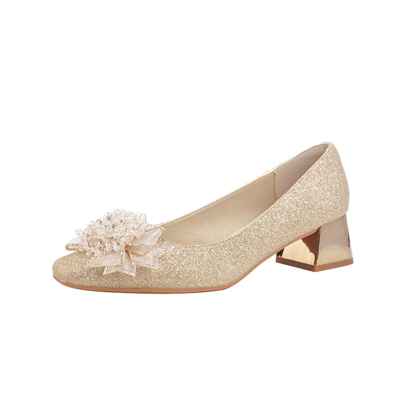 Women's Toe Rhinestone Bow Thin Glittering Main Wedding Dress Chunky Banquet Heels