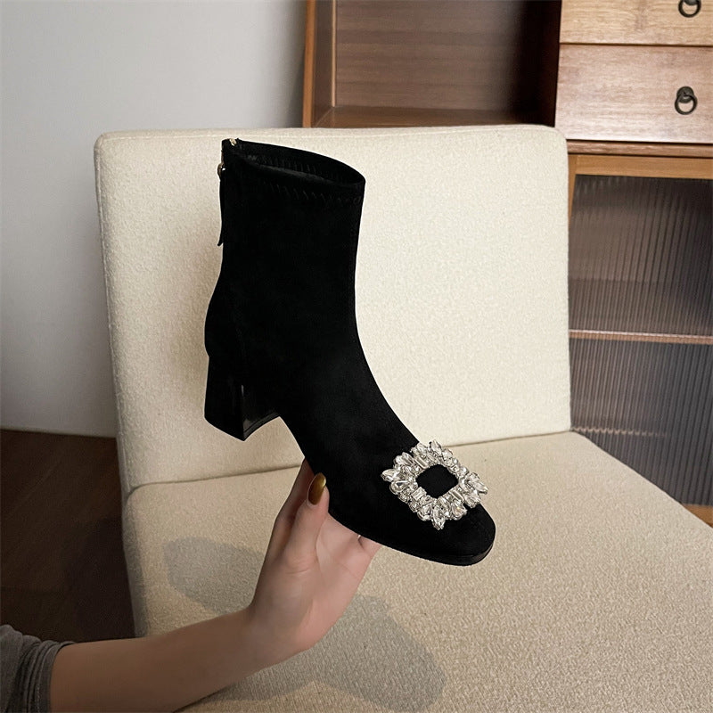 Women's Chunky Short Matte Suede Fashion Square Toe Rhinestone Women's Leather Boots