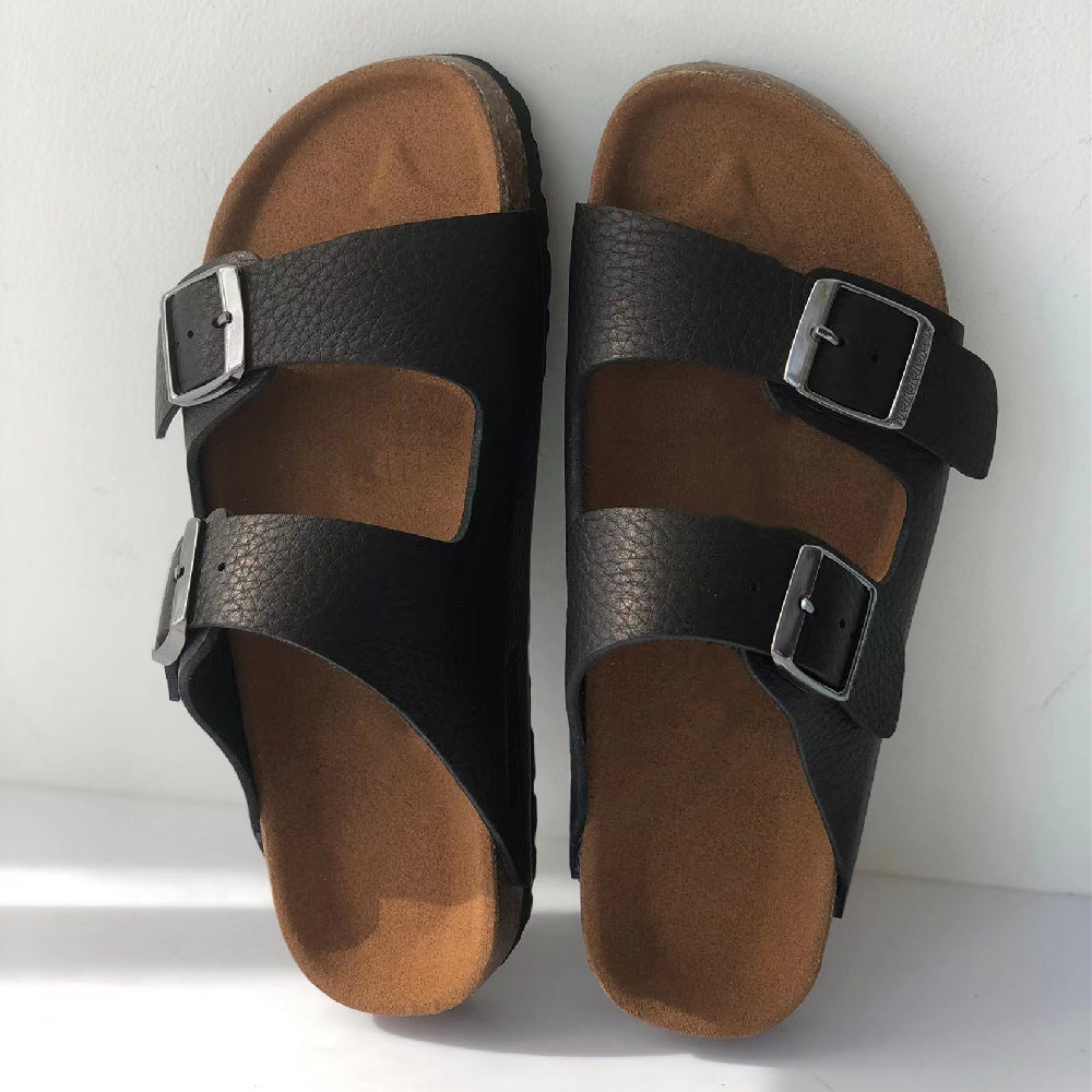 Women's Belt Buckle Cork Cowhide Soft Bottom Sandals