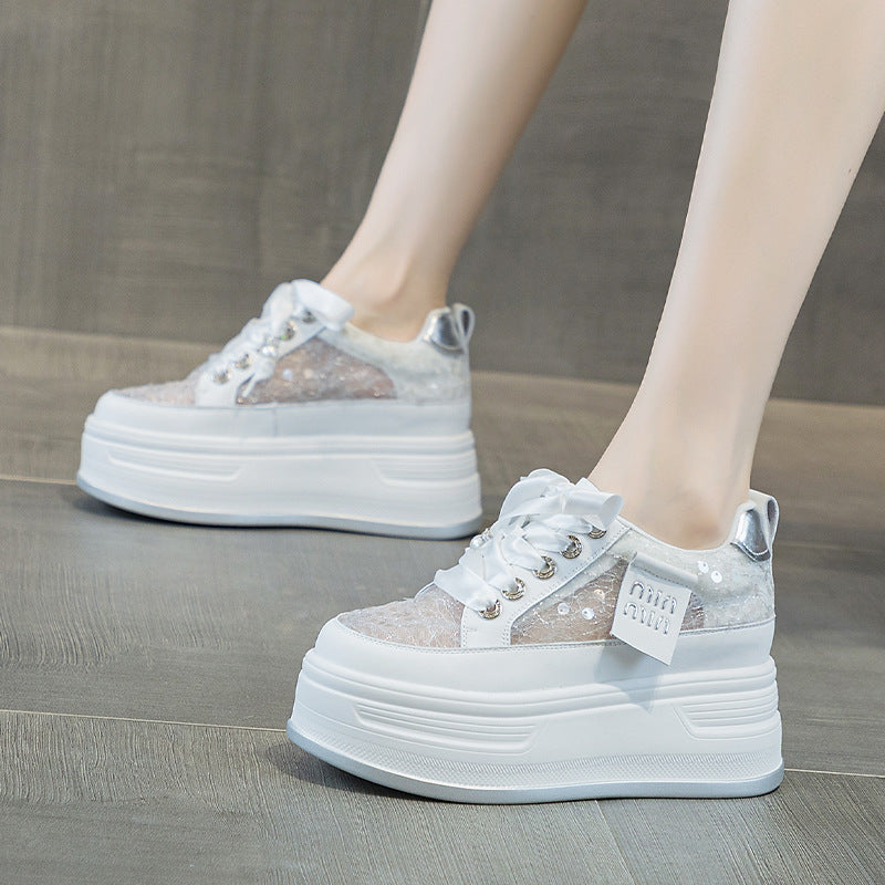 Thick Bottom Height Increasing Insole Mesh Breathable White Sequins Casual Shoes