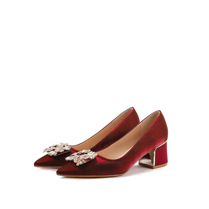 Square Buckle Chunky Mother's Red Wedding Women's Fashion Shoes