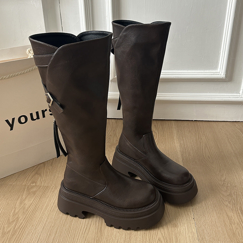 Small Thick Leg Slimming Bottom Female Belt Buckle Retro High Women's Leather Boots
