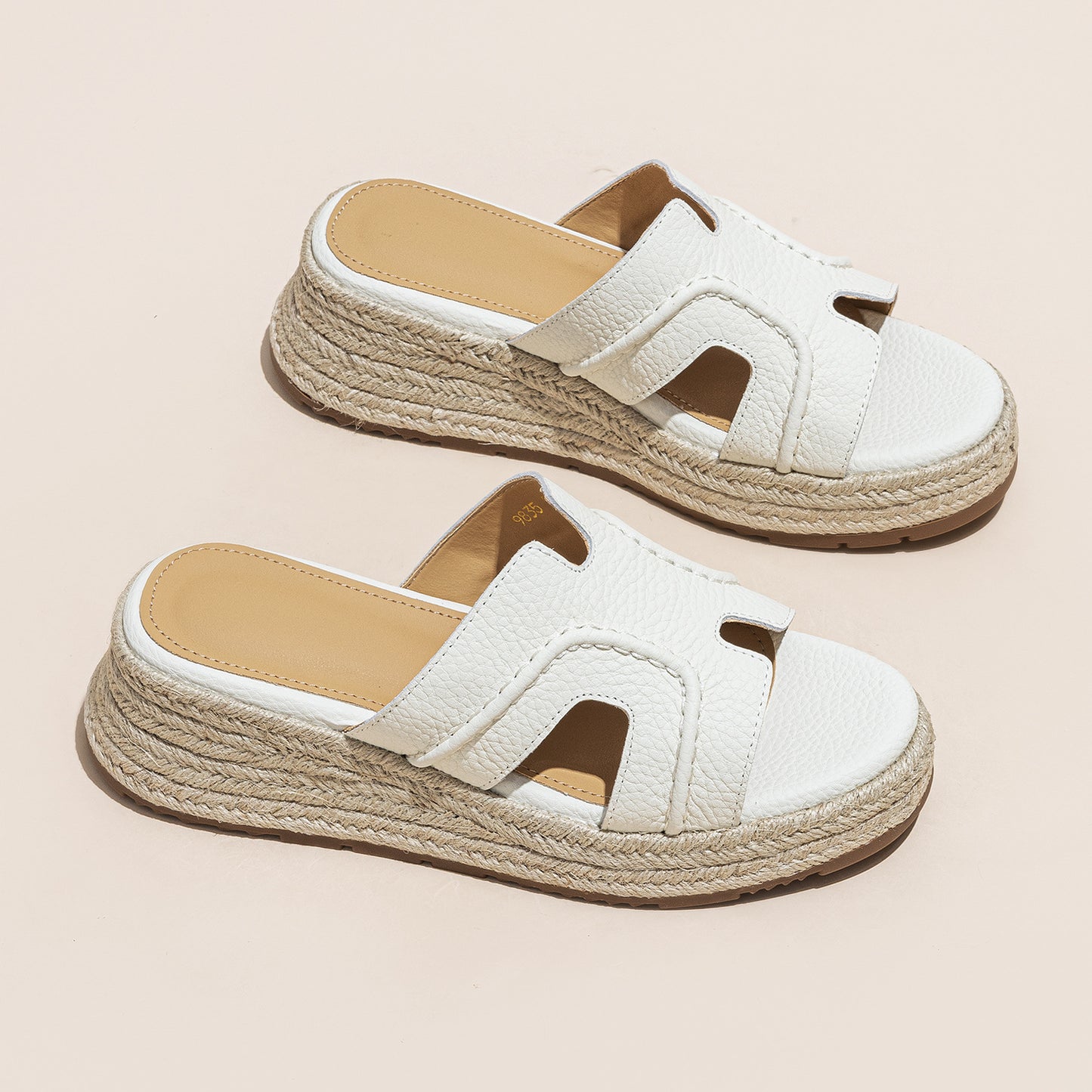 Women's Layer Cowhide Platform Height Increasing Lightweight Woven Slippers