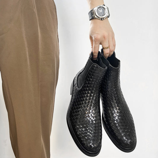 Men's Cowhide Hand-woven Korean Chelsea Ankle Boots