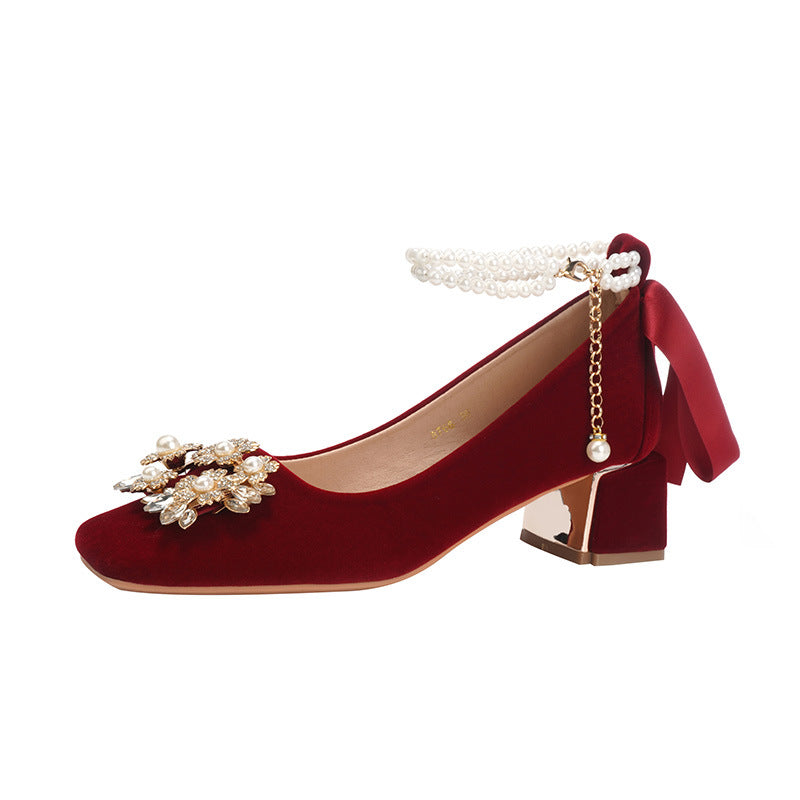 Women's Toe Rhinestone Buckle Pearl Chain Red Suede Wedding For Chunky Women's Casual Shoes