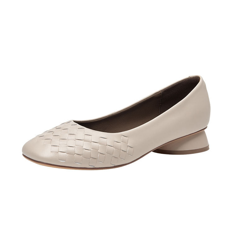 Women's Calf Skin Horseshoe Low Square Toe Soft Bottom Woven Women's Shoes