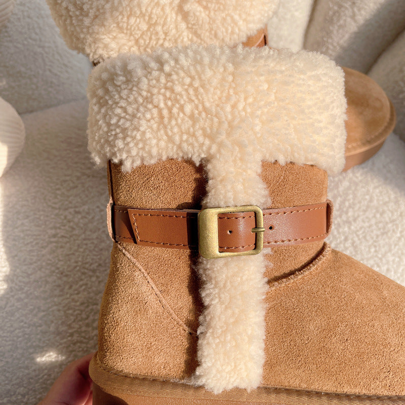 Winter Thick Bottom Increased Knight Belt Buckle Roll Wool Boots