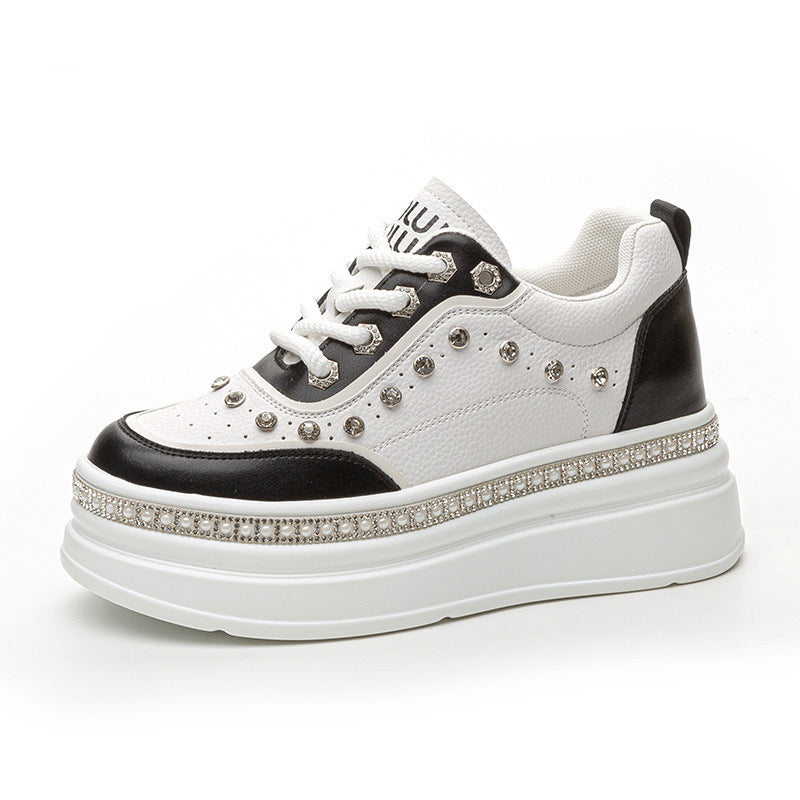 Thick Bottom White Platform Small Rhinestone Pearl Genuine Casual Shoes