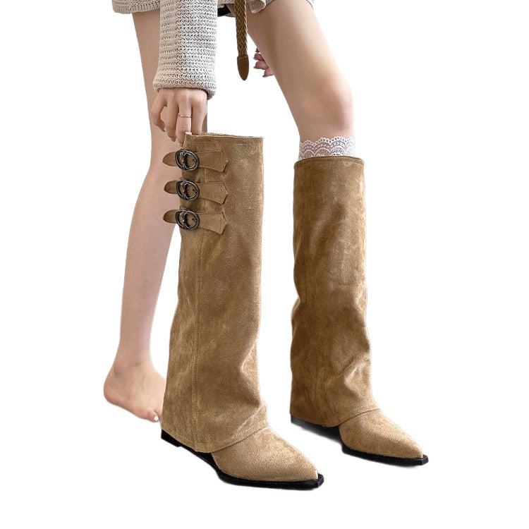 Women's Height Increasing Insole Pile Style Belt Women's Leather Boots