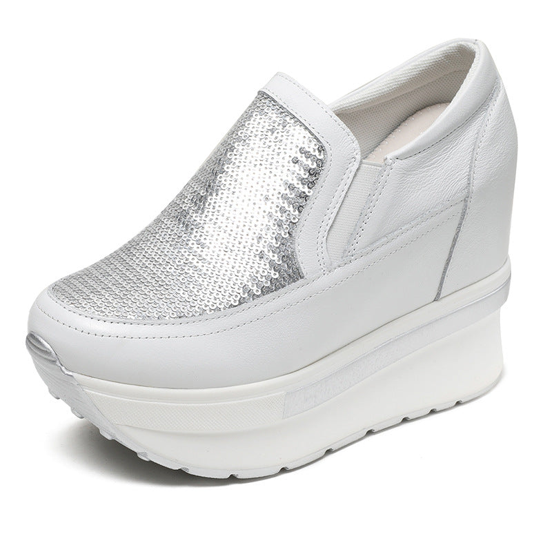 Women's Invisible Elevated Platform Wedge Top Layer Cowhide Slip-on Women's Fashion Shoes