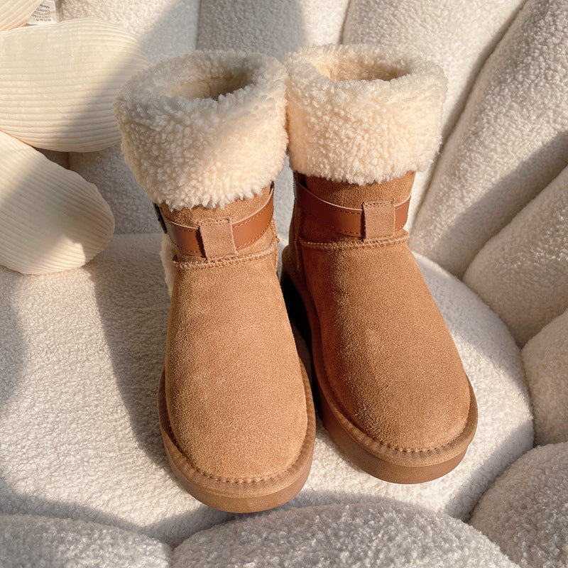 Winter Thick Bottom Increased Knight Belt Buckle Roll Wool Boots