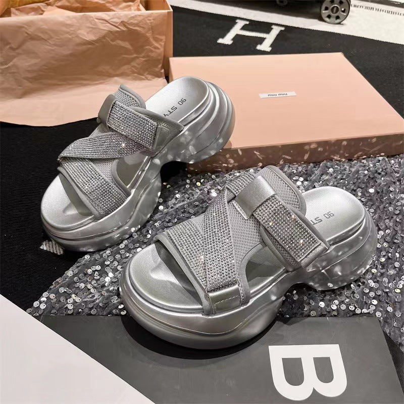 Women's Muffin Summer Sequined Velcro Beach Outdoor Slippers